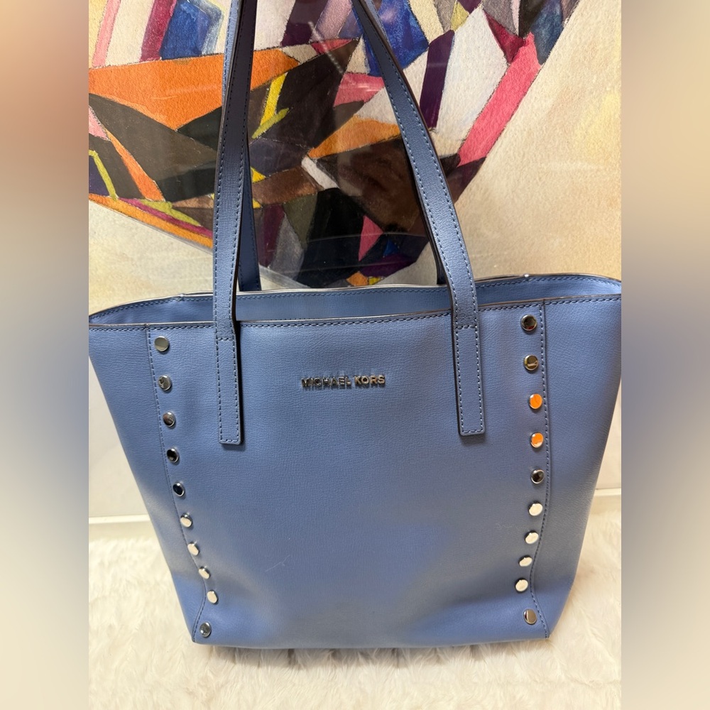 MICHAEL KORS Blue Studded Leather Zippered Tote Bag